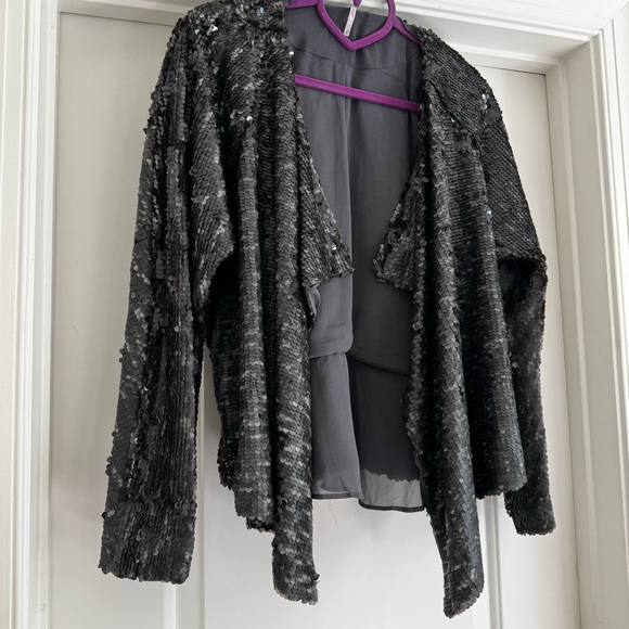 Free People Sequin Open Front Waterfall Jacket in Silver – Size Small - Picture 5 of 12